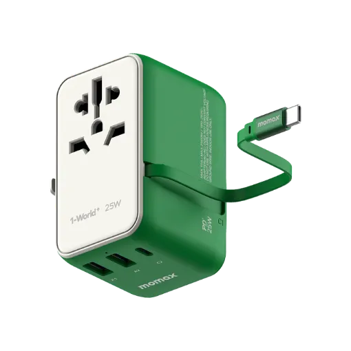 صورة MOMAX 1-WORLD 25W 3 PORT WITH BUILT-IN USB-C CABLE AC TRAVEL ADAPTOR - GREEN