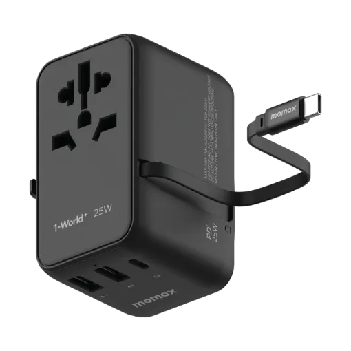 صورة MOMAX 1-WORLD 25W 3 PORT WITH BUILT-IN USB-C CABLE AC TRAVEL ADAPTOR - BLACK