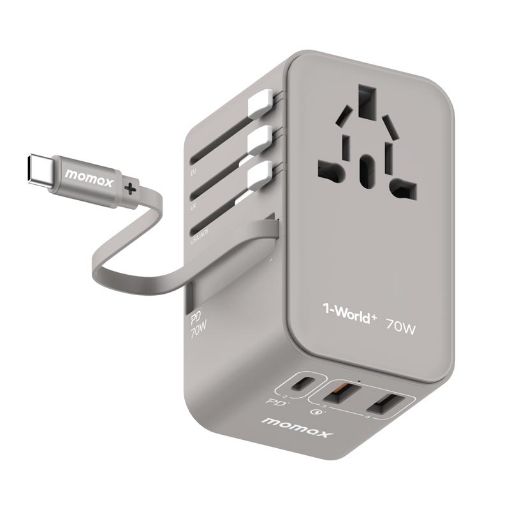 صورة MOMAX 1-WORLD 70W GAN 3 PORT WITH BUILT-IN USB-C CABLE AC TRAVEL ADAPTOR - GREY