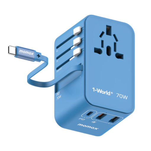 صورة MOMAX 1-WORLD 70W GAN 3 PORT WITH BUILT-IN USB-C CABLE AC TRAVEL ADAPTOR - BLUE 