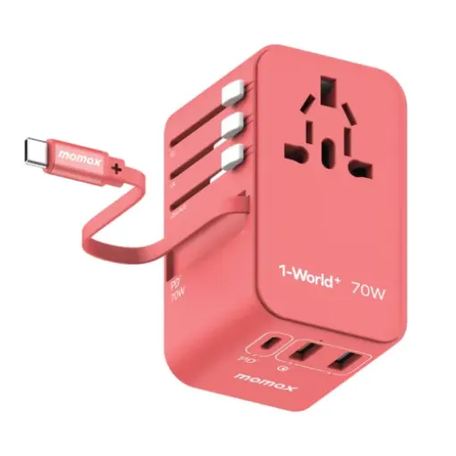 صورة MOMAX 1-WORLD 70W GAN 3 PORT WITH BUILT-IN USB-C CABLE AC TRAVEL ADAPTOR (pink)