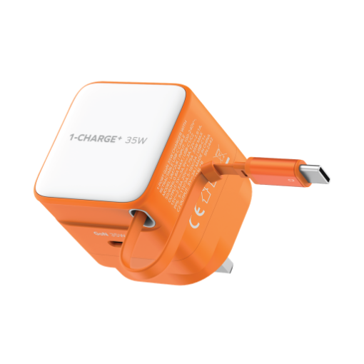 صورة MOMAX 1-CHARGE 35W GaN 1-Port Charger with Built-in USB-C Cable (Orange)